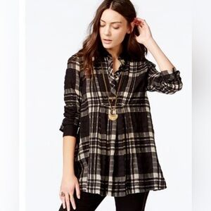 Free People Boho Baby Blues Black White Cotton Plaid Top Oversized Pockets Sz M